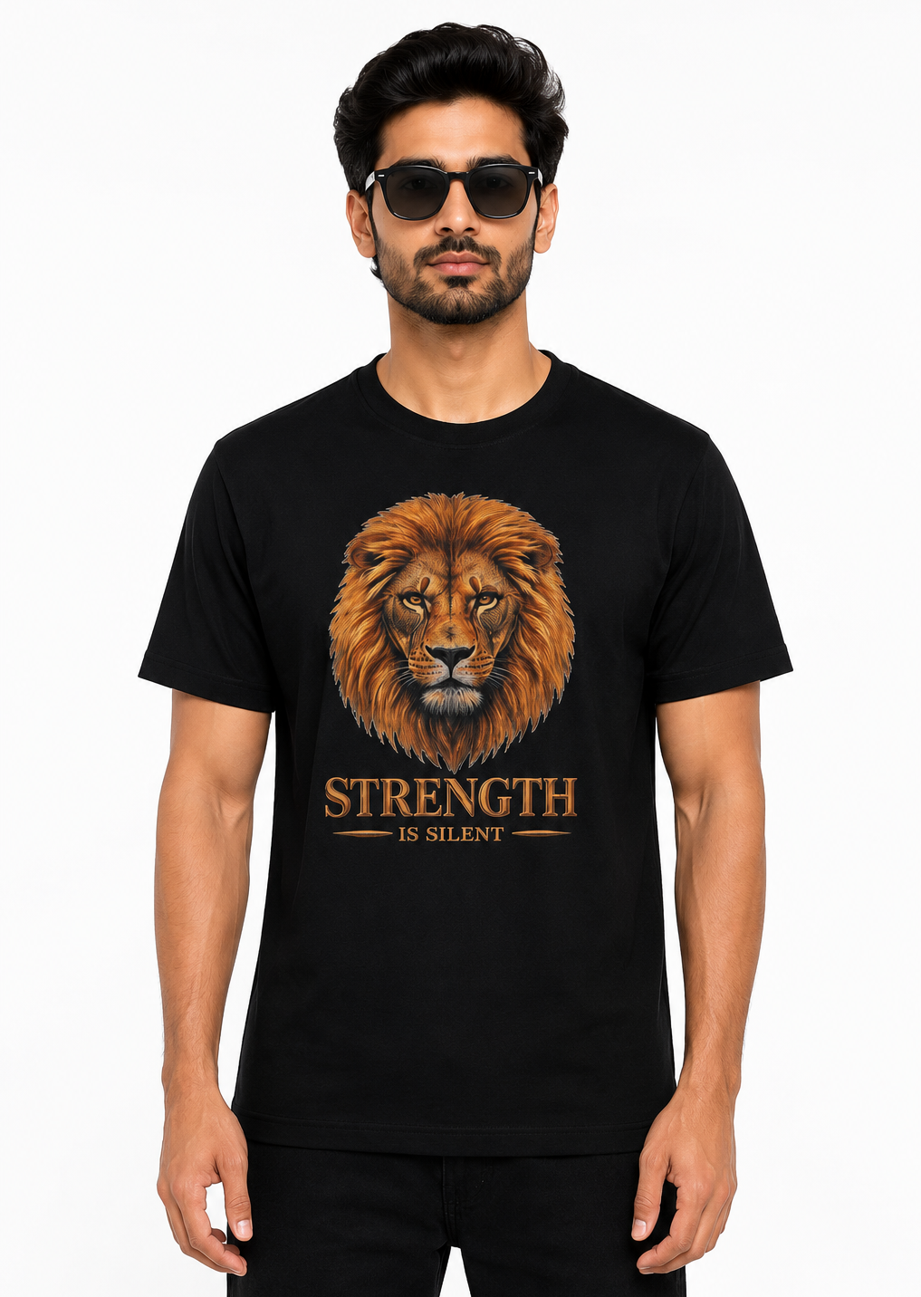 Men’s Premium Black Lion Graphic Printed T-Shirt | Strength Is Silent Round Neck Half Sleeve Cotton Tee