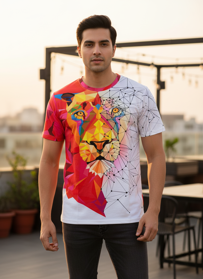 2-Pack Men's 3D Realistic Lion Graphic T-Shirts 2-Pack ( Black-Red White Lion)