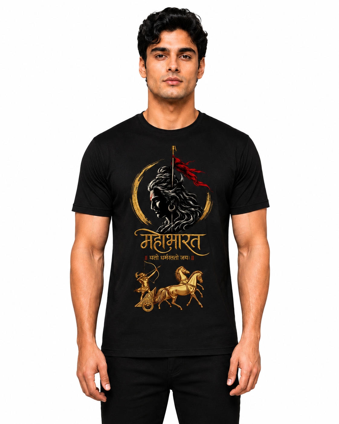 Mahabharat Warrior Premium Black Half Sleeve T-Shirt for Men | Hindu Mythology Graphic Printed Tee