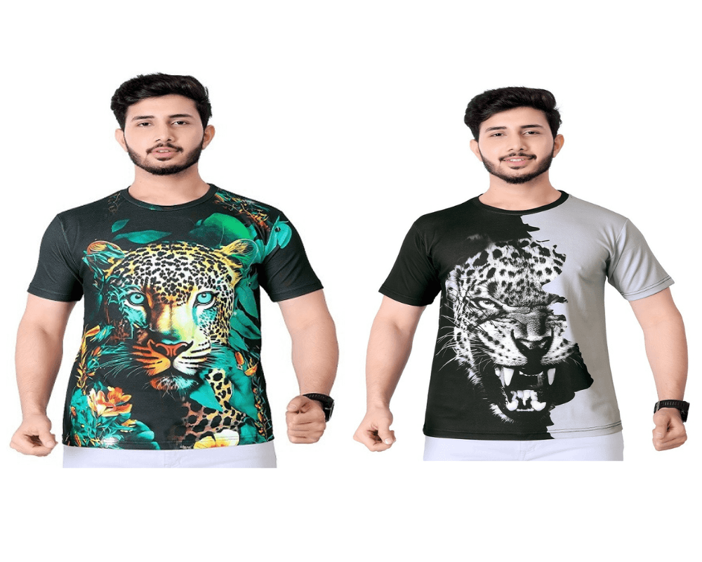 Combo - Pack of - 2 Leopard T-shirt Men's Casual Street Style Stretch Round Neck Tee Shirt For Summer. Grey - Green - UD FABRIC - Unique Style Unique Design