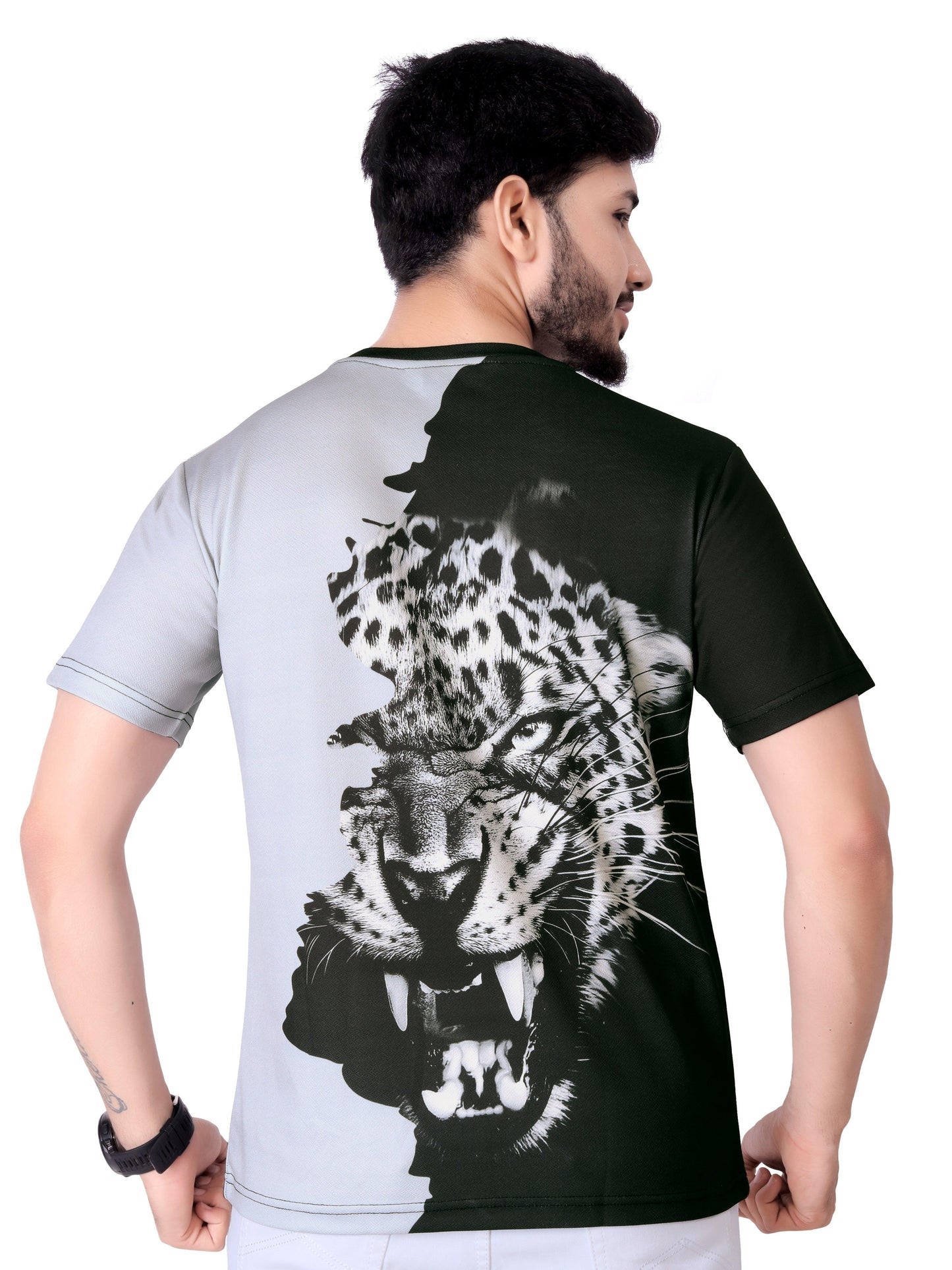 Combo - Pack of - 2 Leopard T-shirt Men's Casual Street Style Stretch Round Neck Tee Shirt For Summer. Grey - Green - UD FABRIC - Unique Style Unique Design