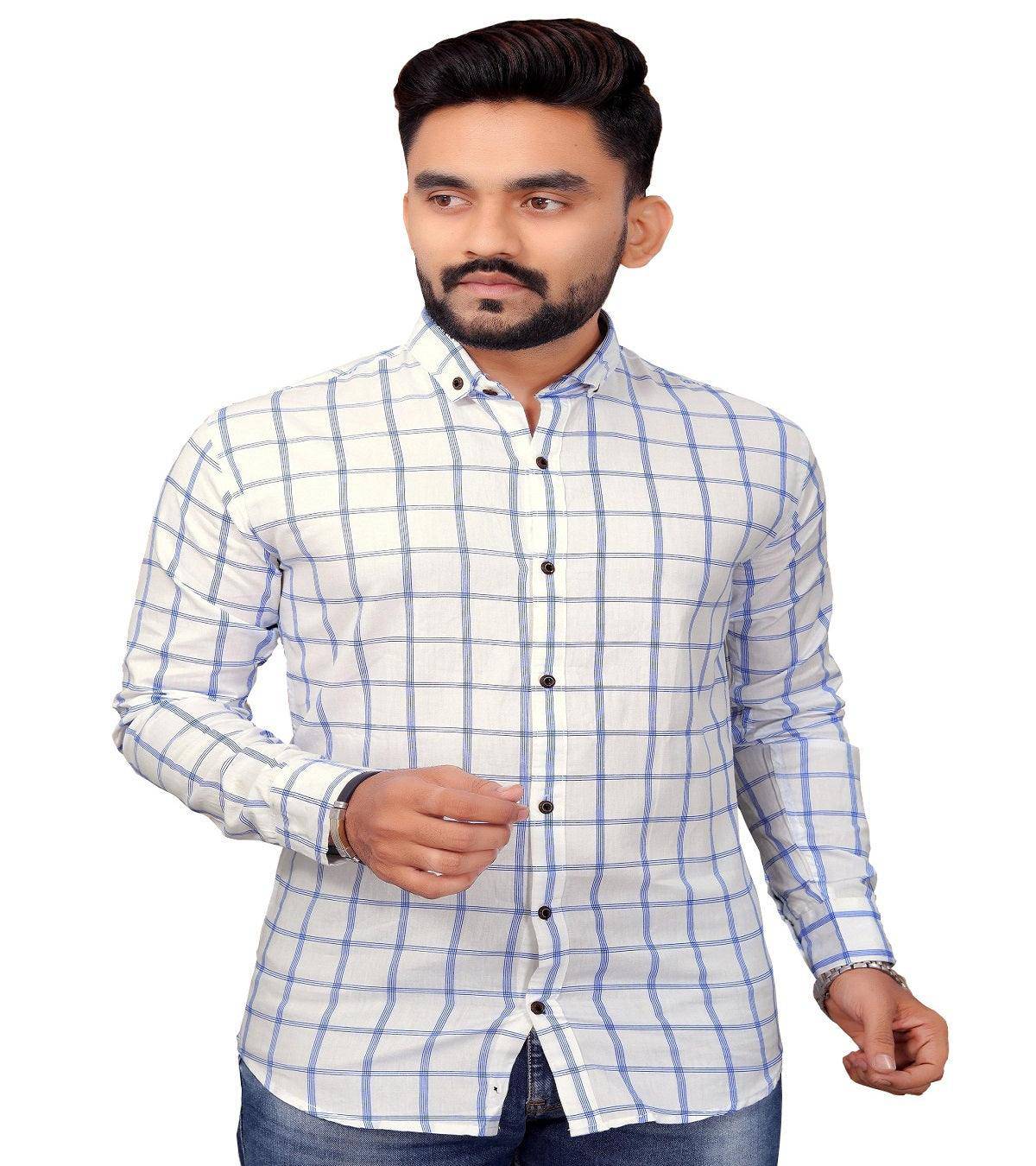UD FABRIC Men Full Sleeve Cotton Casual Check Shirts - Blue - UD FABRIC - Your Style our Design
