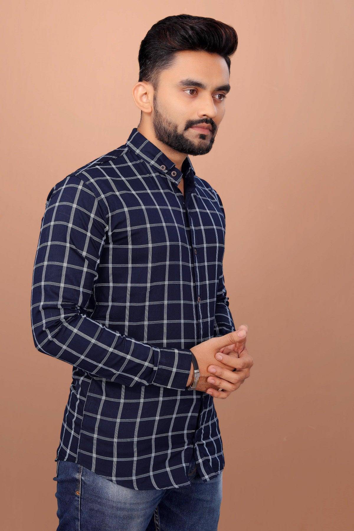 UD FABRIC Men Full Sleeve Cotton Casual Check Shirts - Blue - UD FABRIC - Your Style our Design