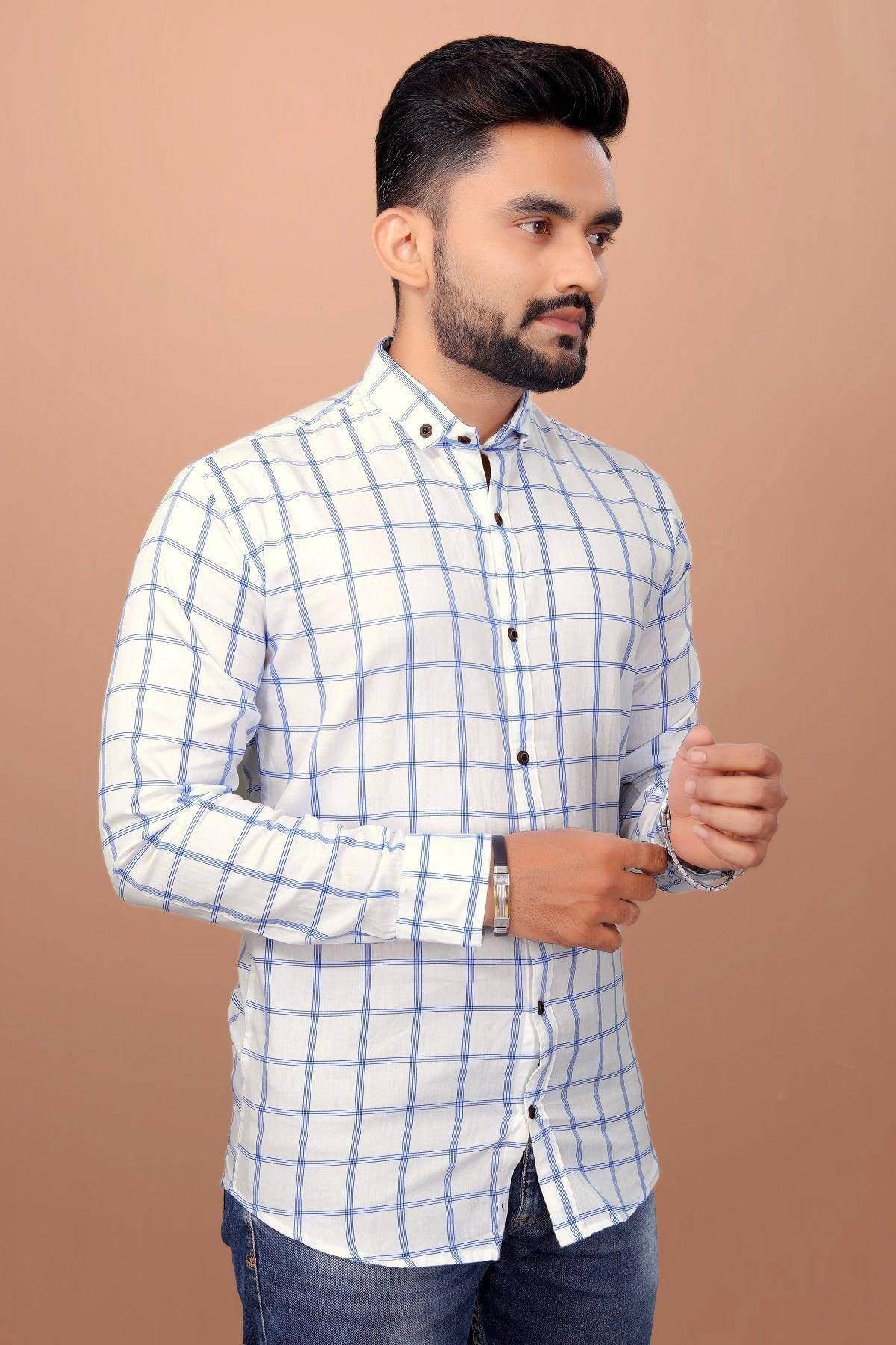 UD FABRIC Men Full Sleeve Cotton Casual Check Shirts - White - UD FABRIC - Unique Style Unique Design