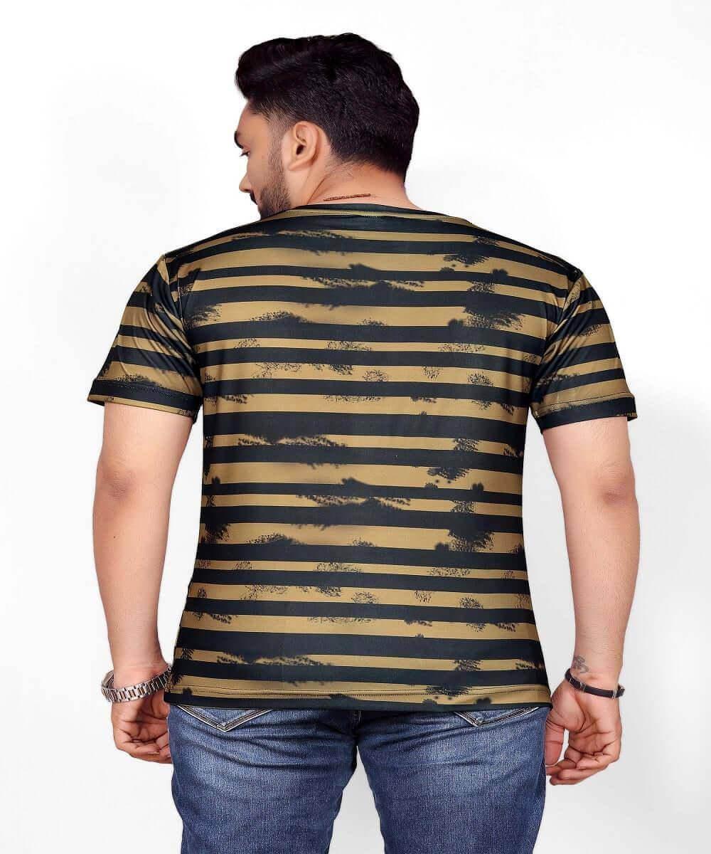 Gold Printed Stretch Striped Short Sleeve T Shirt for Men - UD FABRIC - UD FABRIC - Unique Style Unique Design