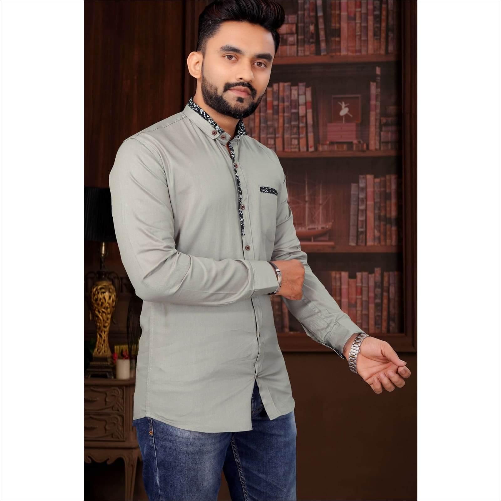 Grey Long Sleeve Cotton Casual Solid Slim Fit Black Shirts for Men - UD FABRIC - Your Style our Design