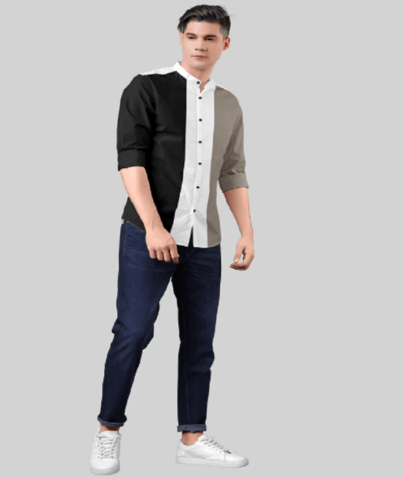 Men's Cotton  Long Sleeve Slim Fit Casual Button Down Color Block Shirts - Grey - UD FABRIC - Your Style our Design