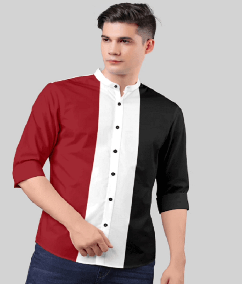 Men's Cotton  Long Sleeve Slim Fit Casual Button Down Color Block Shirts - Maroon - UD FABRIC - Your Style our Design