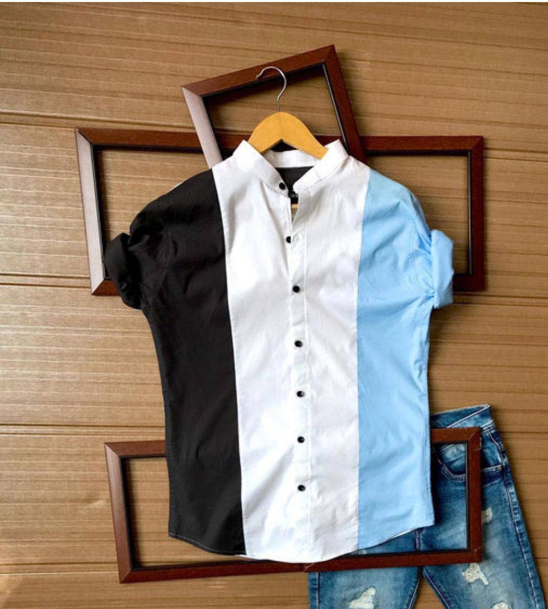 UD FABRIC Men Stylish Cotton Color Block Shirt - Sky - UD FABRIC - Your Style our Design