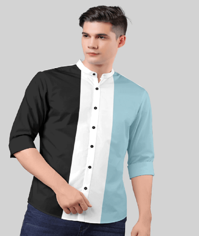 Men's Cotton  Long Sleeve Slim Fit Casual Button Down Color Block Shirts - Sky - UD FABRIC - Your Style our Design