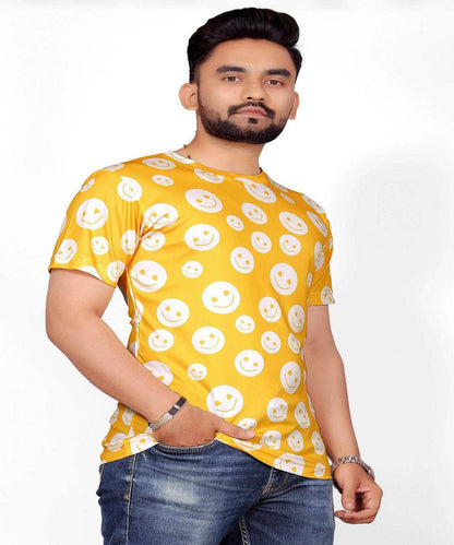 Yellow Emoji Printed Stretch Striped Short Sleeve T Shirt for Men - UD FABRIC - UD FABRIC - Your Style our Design