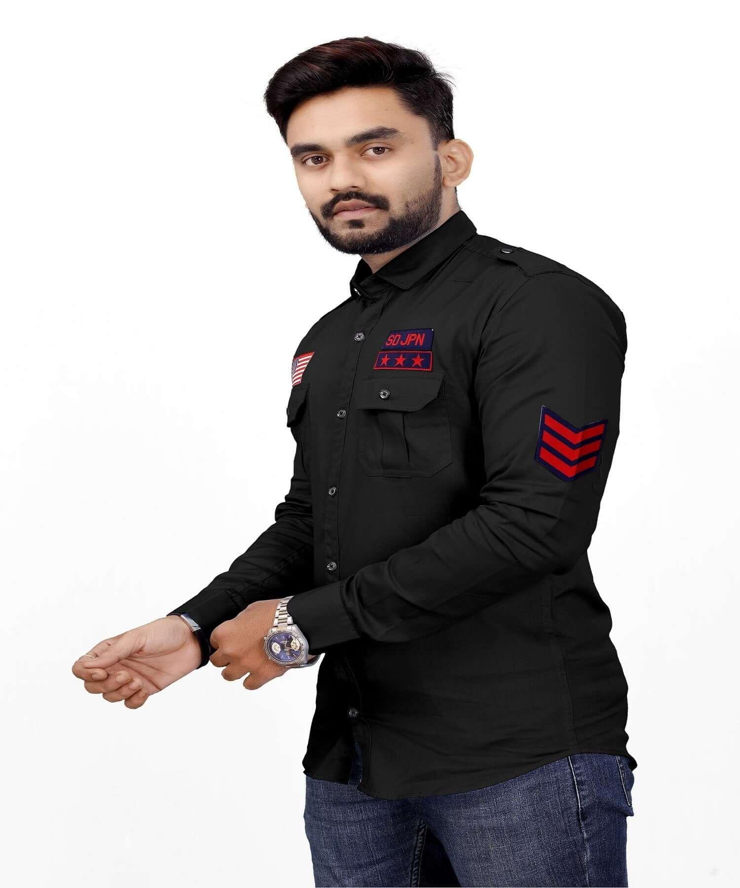 Casual 100% Cotton Two Pocket With Logo Full Sleeve Shirt for Men's Black - UD FABRIC - Your Style our Design