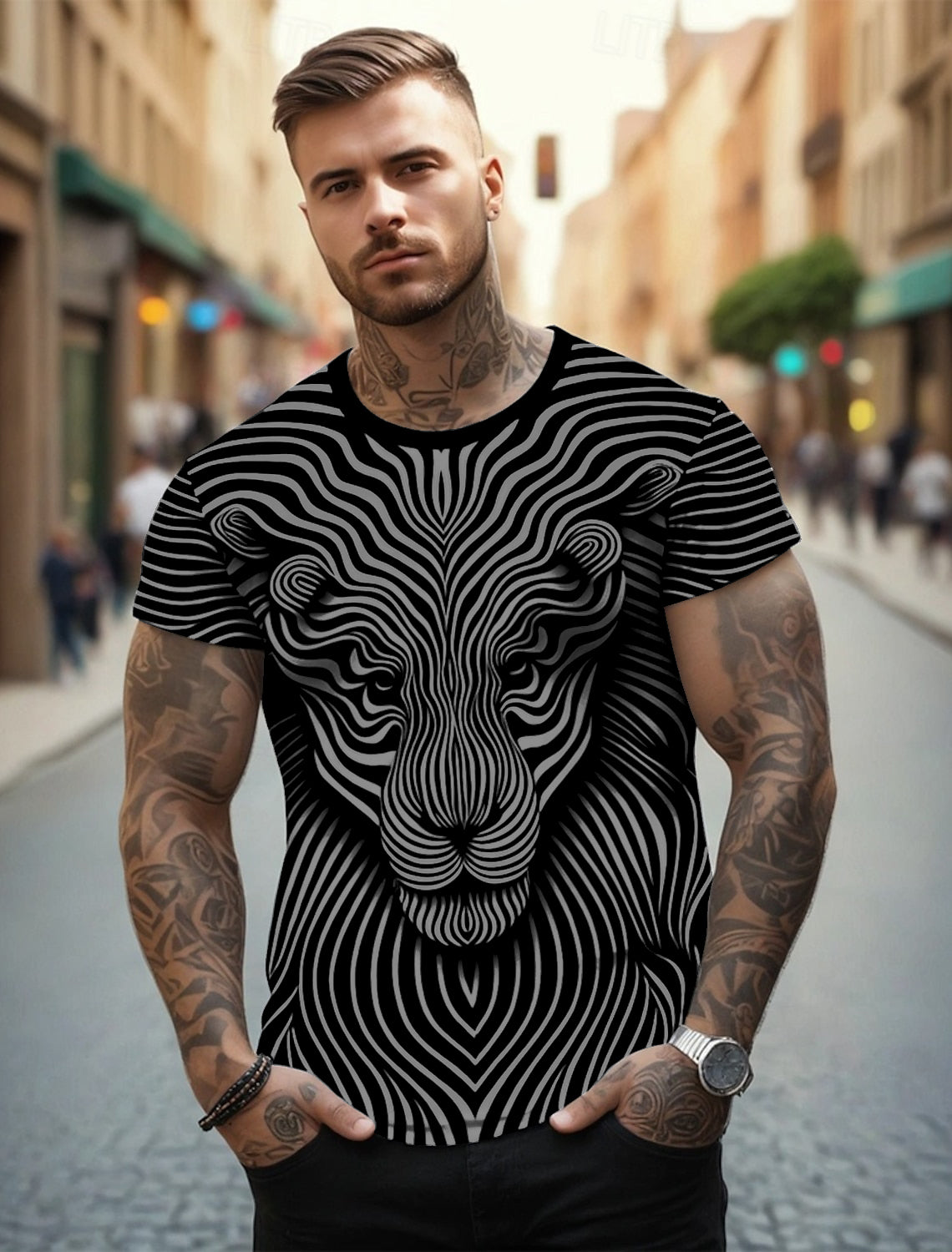 UD FABRIC Vintage Animal T Shirt for Men/Summer Short Sleeve Holiday T-Shirts Loose Clothing O-Neck Pullover/Lion Printed Attractive T Shirt (in, Alpha, L, Regular, Grey)