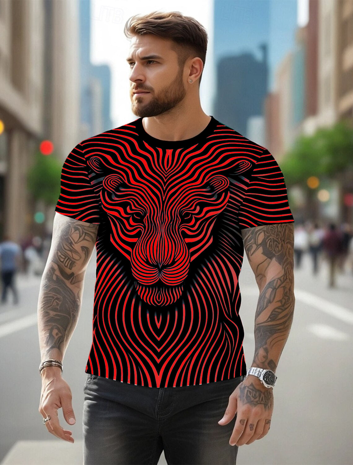 Men's maroon lion print T-shirt, urban fashion look.