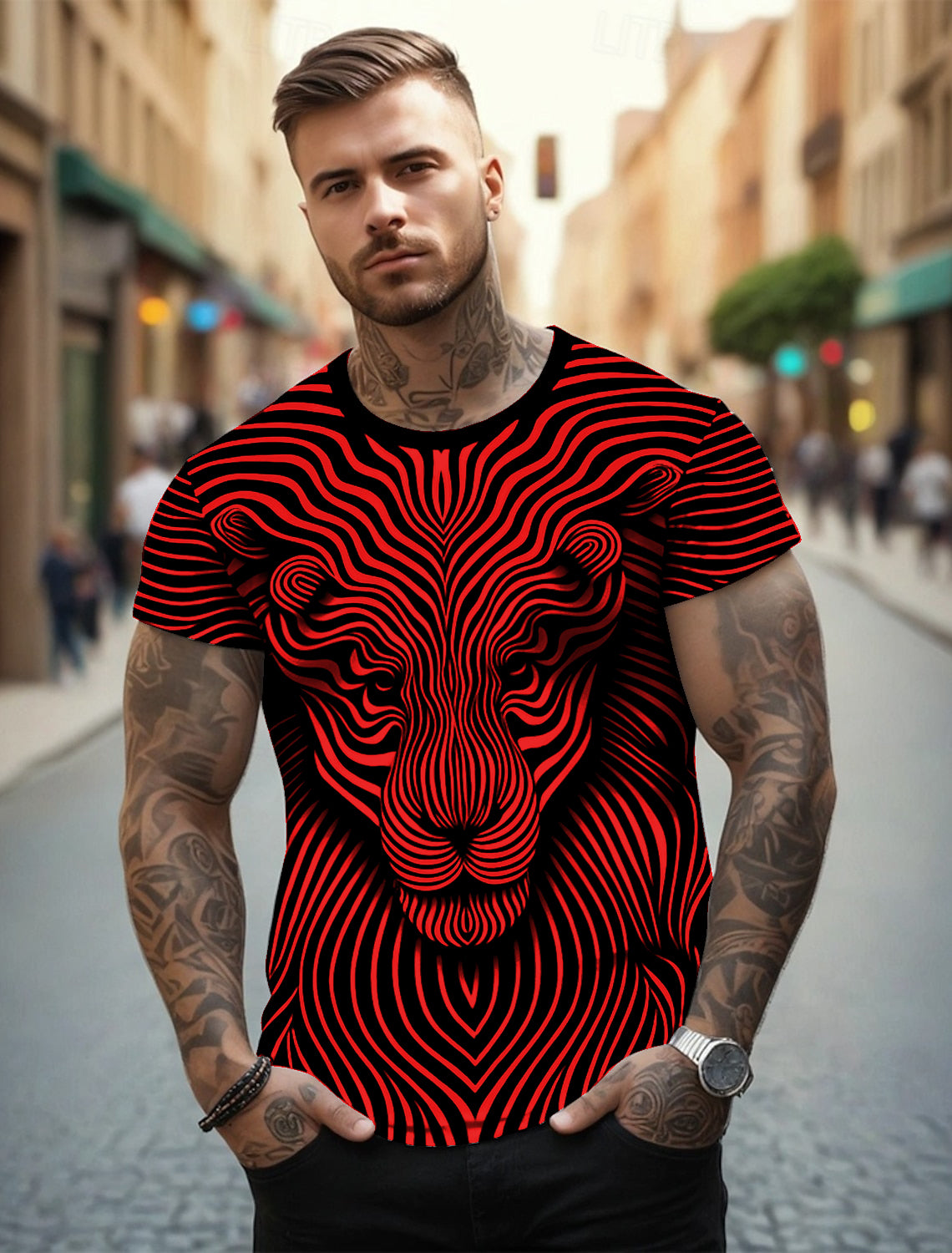 Maroon lion printed vintage T-shirt for men, street style.