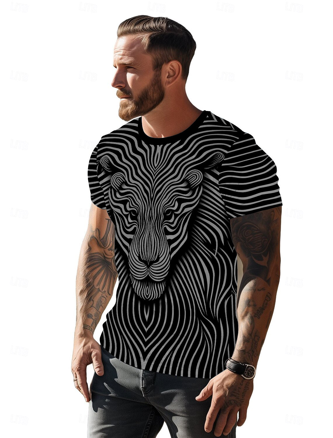 UD FABRIC Vintage Animal T Shirt for Men/Summer Short Sleeve Holiday T-Shirts Loose Clothing O-Neck Pullover/Lion Printed Attractive T Shirt (in, Alpha, L, Regular, Grey)