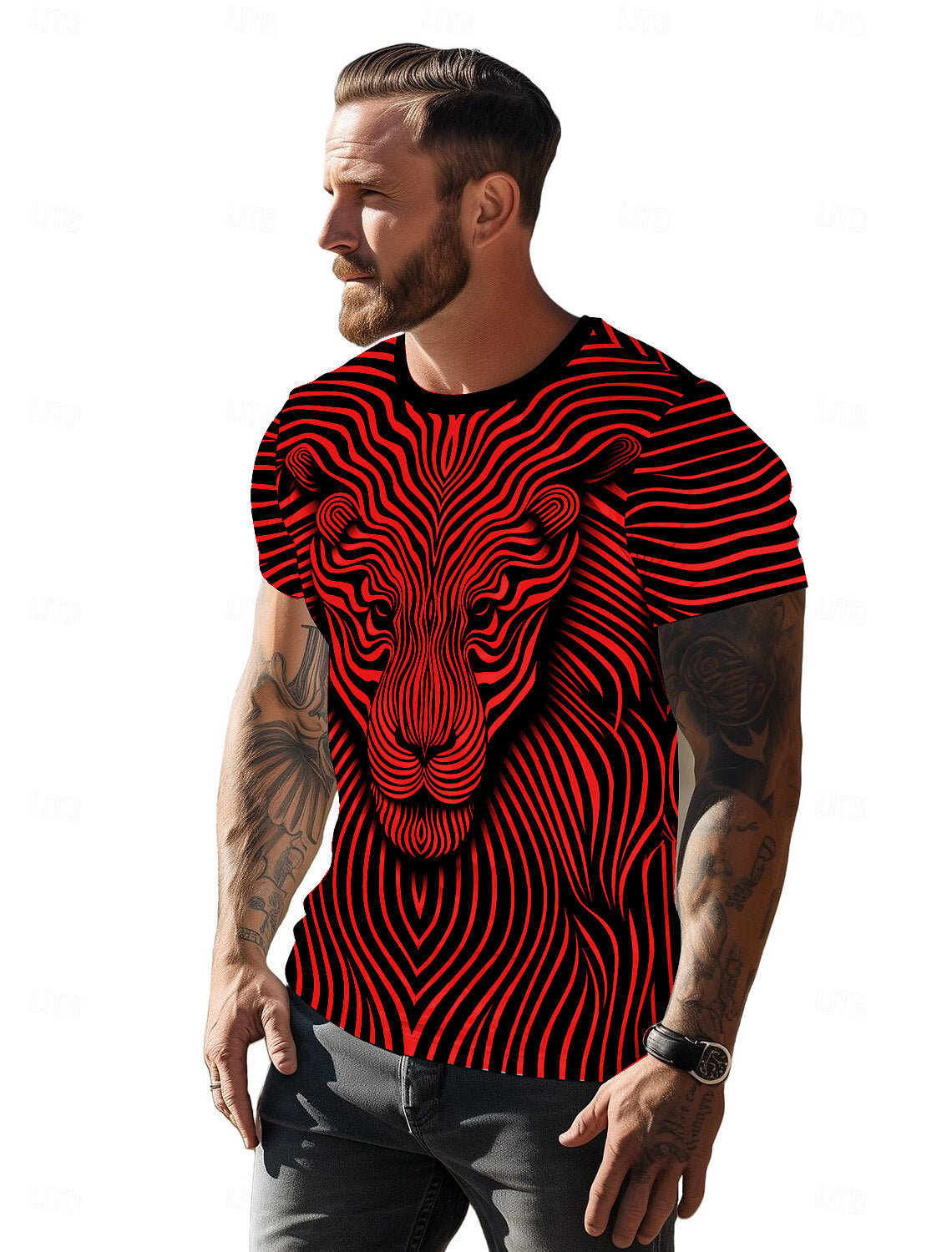 Stylish maroon lion graphic T-shirt for men, side view.