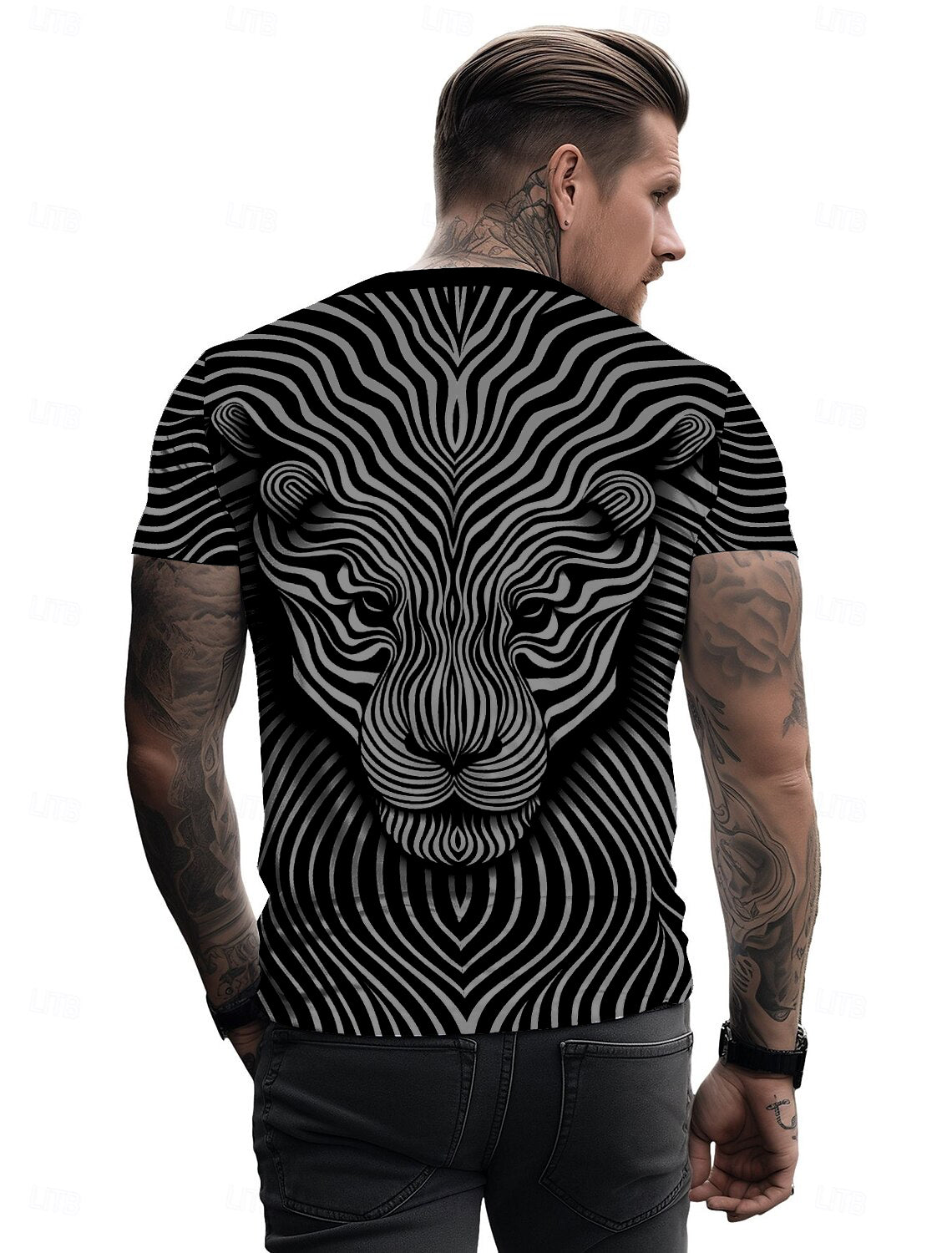 UD FABRIC Vintage Animal T Shirt for Men/Summer Short Sleeve Holiday T-Shirts Loose Clothing O-Neck Pullover/Lion Printed Attractive T Shirt (in, Alpha, L, Regular, Grey)