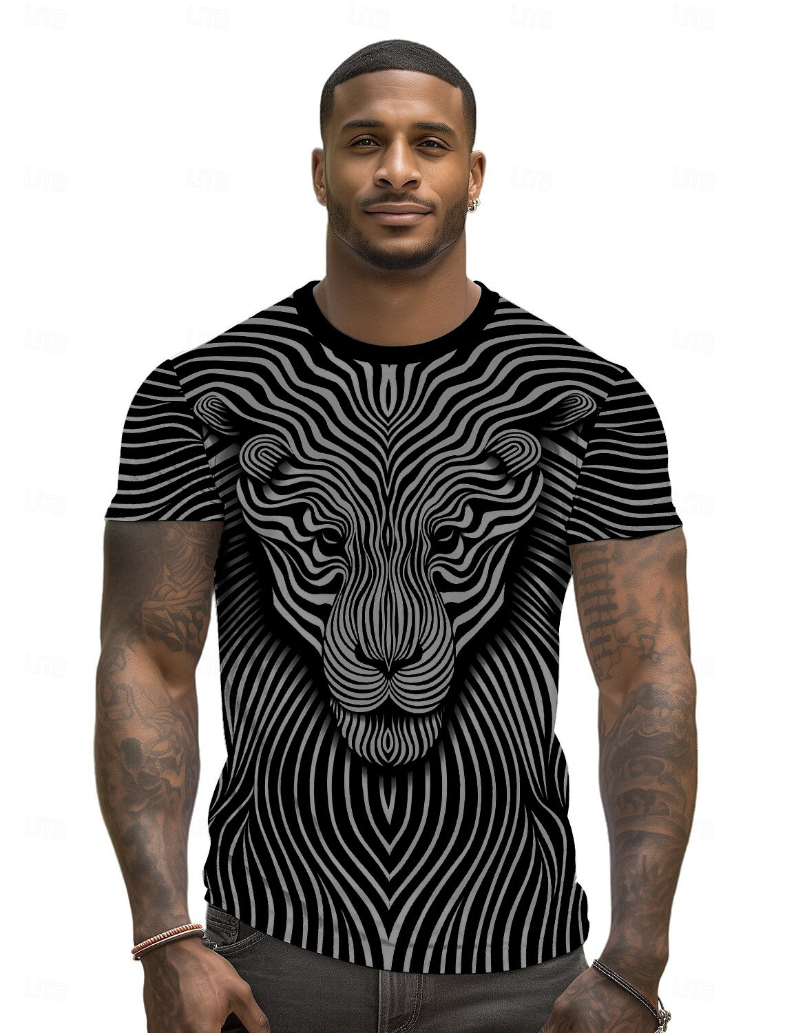 UD FABRIC Vintage Animal T Shirt for Men/Summer Short Sleeve Holiday T-Shirts Loose Clothing O-Neck Pullover/Lion Printed Attractive T Shirt (in, Alpha, L, Regular, Grey)