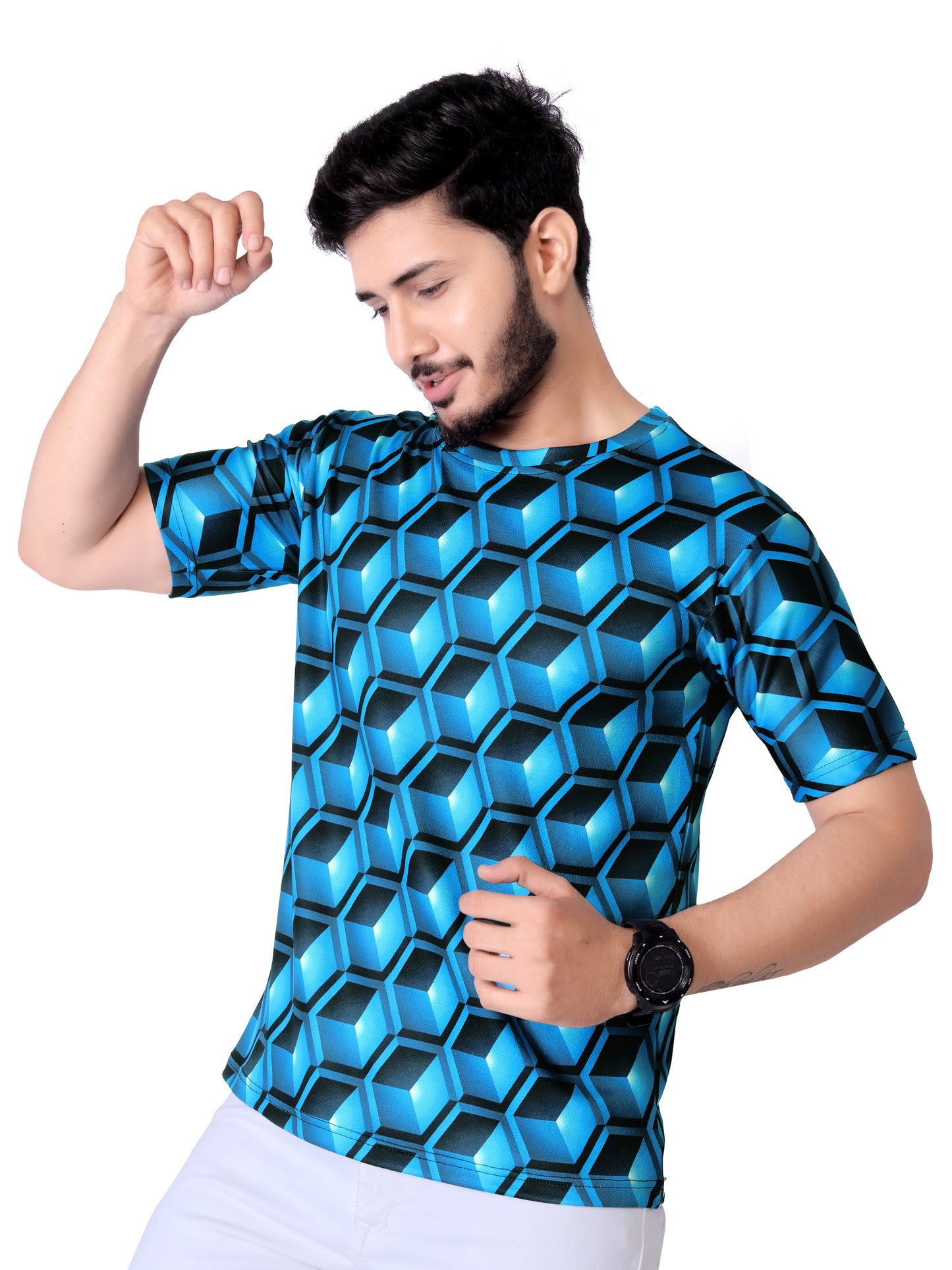 UD FABRIC Round Collar Cotton Poly Striped Printed T-Shirt for Men