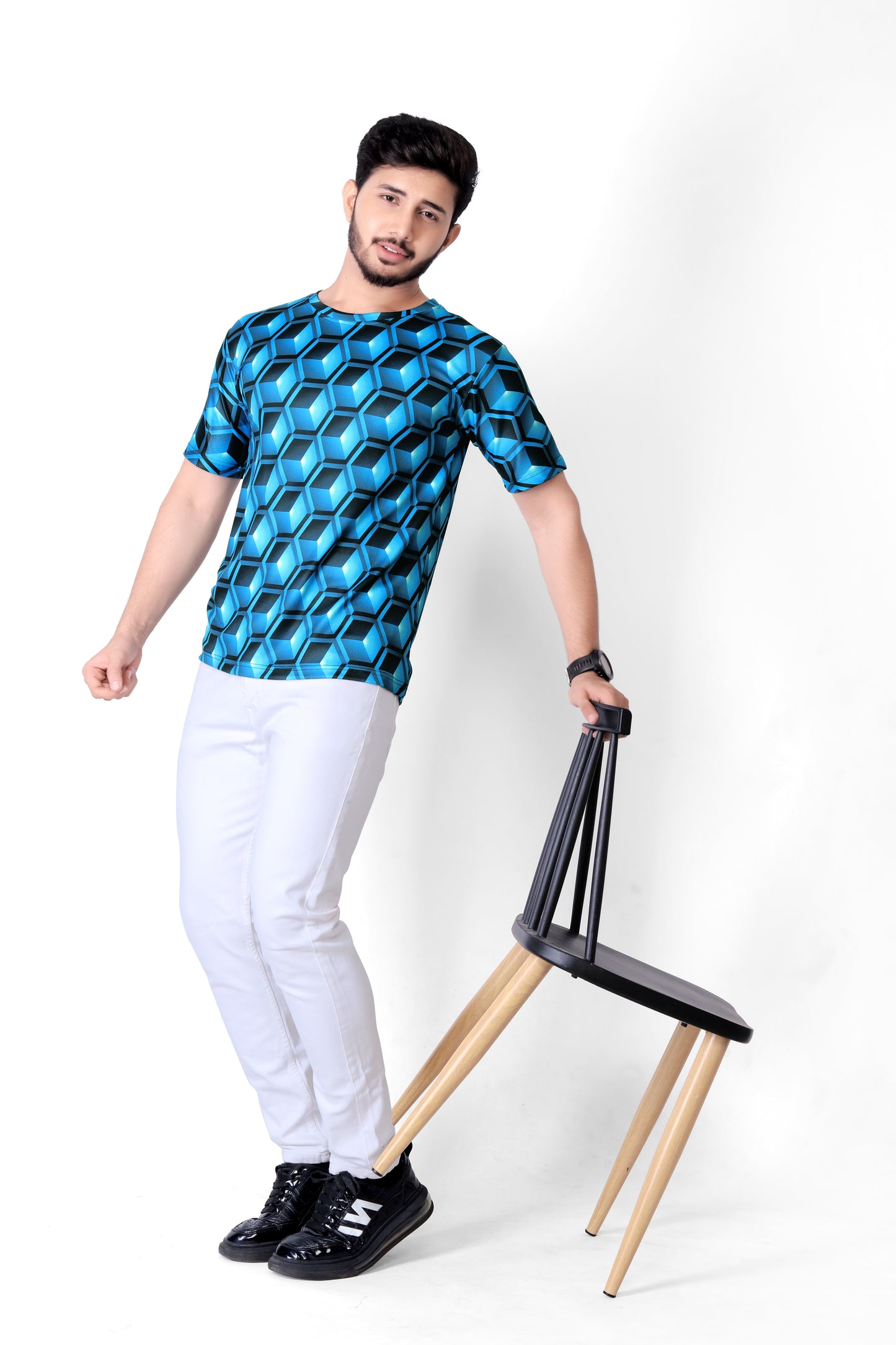 UD FABRIC Round Collar Cotton Poly Striped Printed T-Shirt for Men