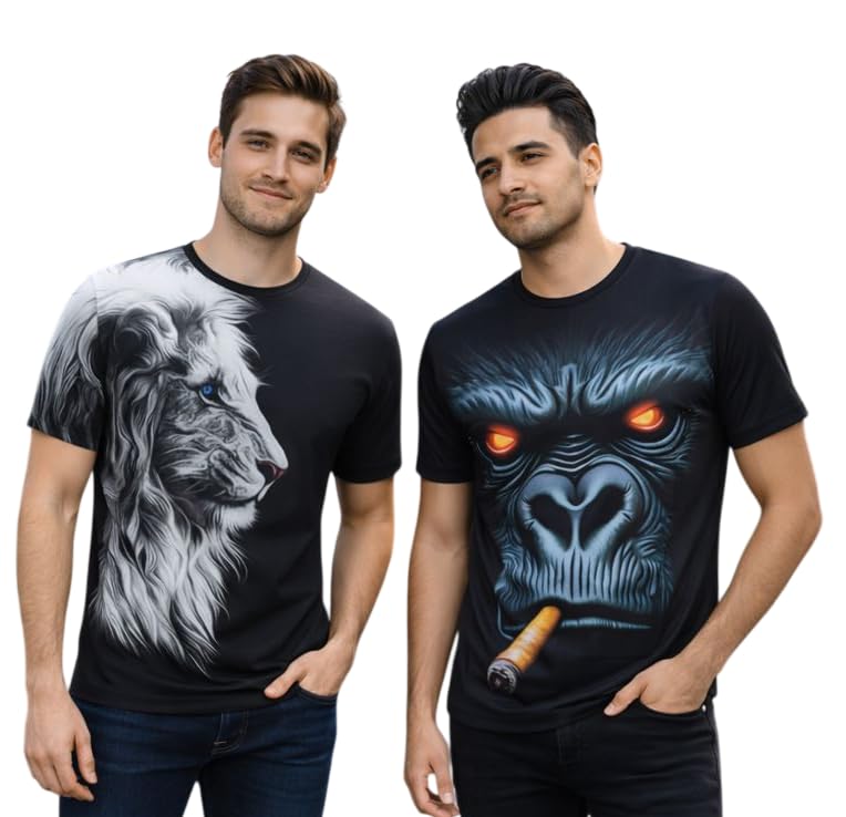2-Pack Men's 3D Realistic Lion Graphic T-Shirts 2-Pack