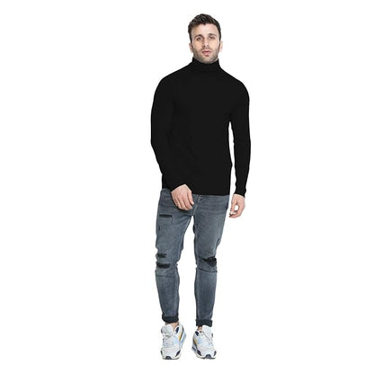 Man in black high-neck full-sleeve t-shirt paired with ripped jeans and sneakers.