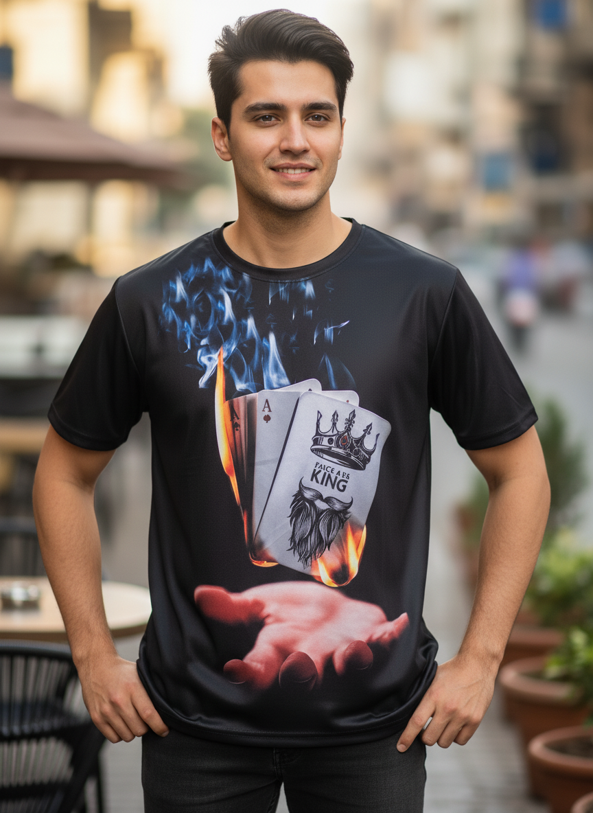 Flame Playing Cards 3D Print T-shirt For Men | Casual T Shirt | Poker Card Design