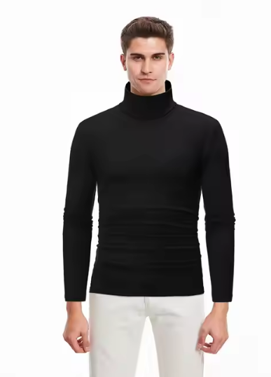 Man wearing a black high-neck full-sleeve turtle neck t-shirt with white pants.