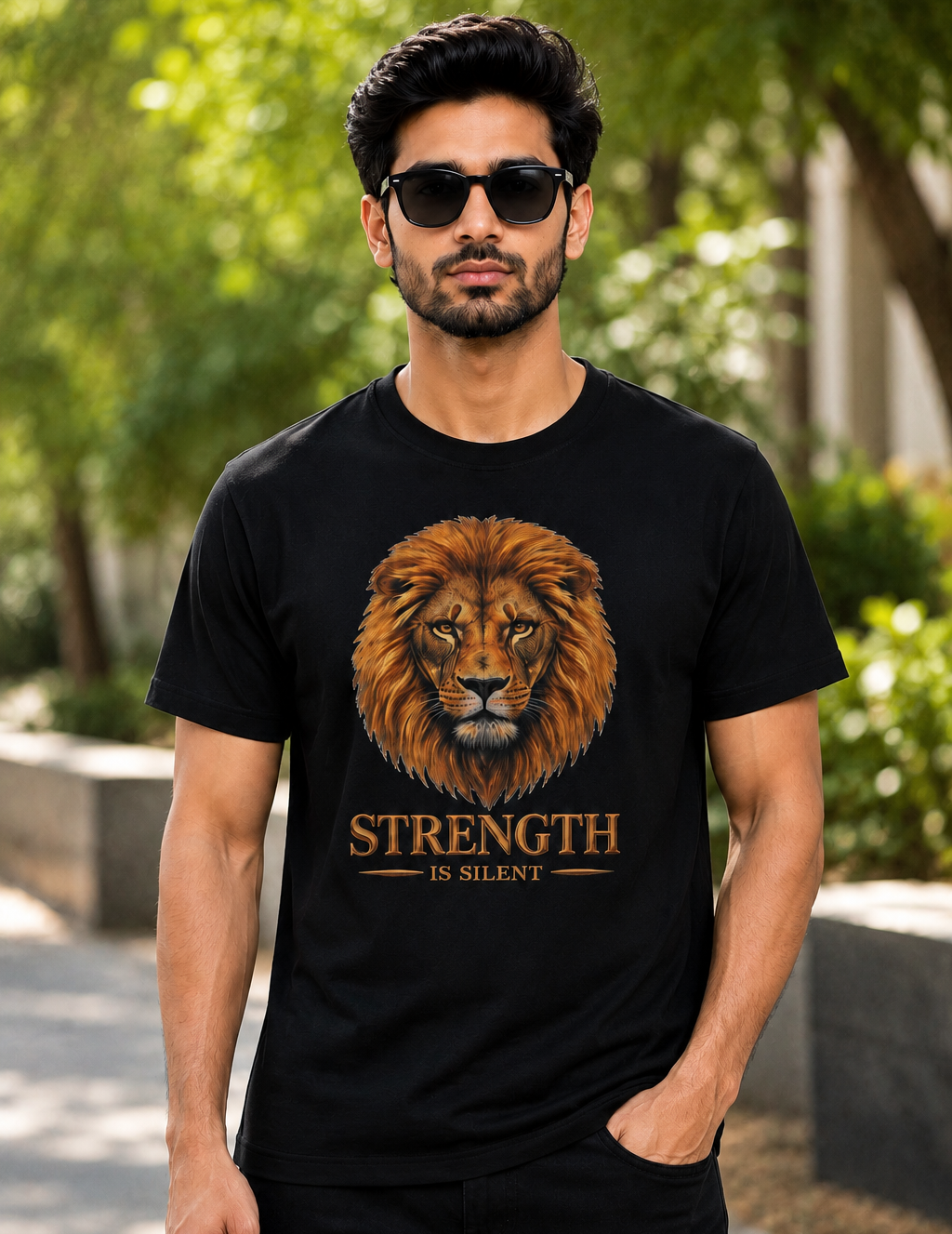 Men’s Premium Black Lion Graphic Printed T-Shirt | Strength Is Silent Round Neck Half Sleeve Cotton Tee