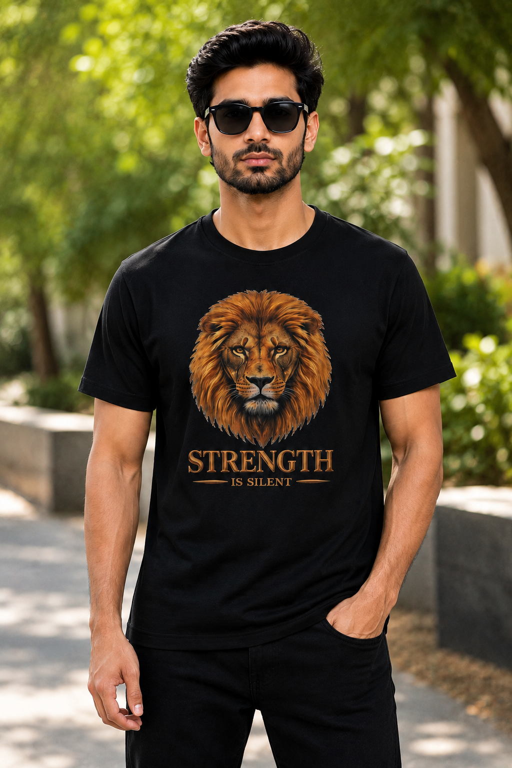 Men’s Premium Black Lion Graphic Printed T-Shirt | Strength Is Silent Round Neck Half Sleeve Cotton Tee