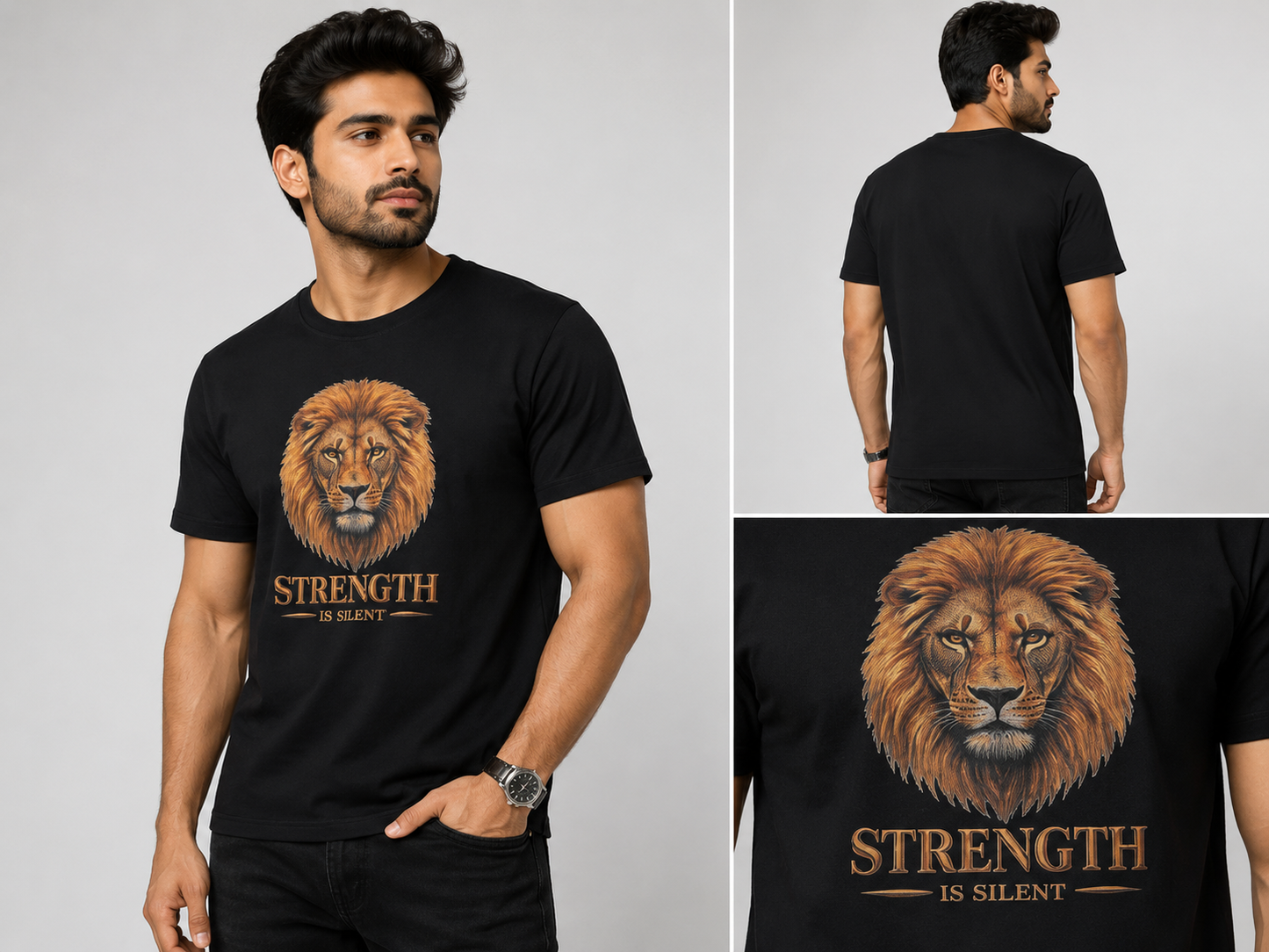 Men’s Premium Black Lion Graphic Printed T-Shirt | Strength Is Silent Round Neck Half Sleeve Cotton Tee