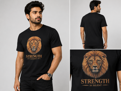 Men’s Premium Black Lion Graphic Printed T-Shirt | Strength Is Silent Round Neck Half Sleeve Cotton Tee