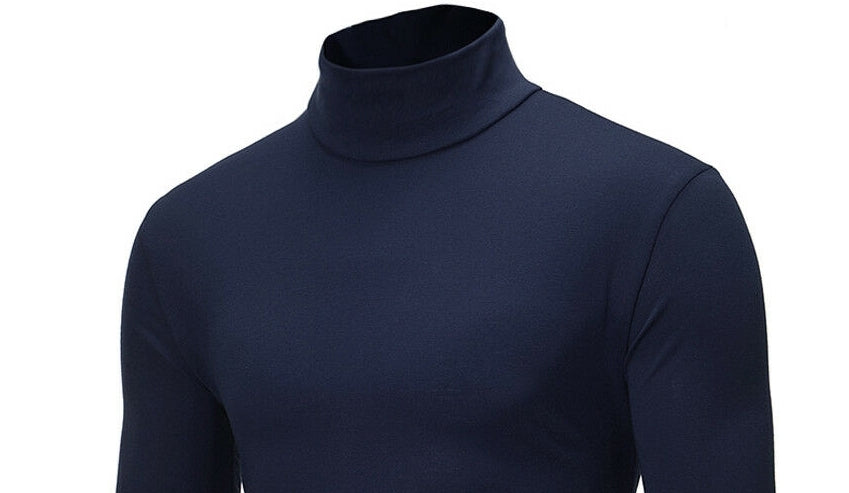 Close-up of blue high-neck poly cotton turtle neck t-shirt for men.