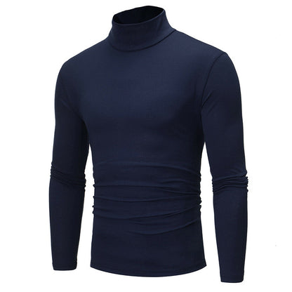 Blue plain full sleeve turtle neck t-shirt for men, side view.