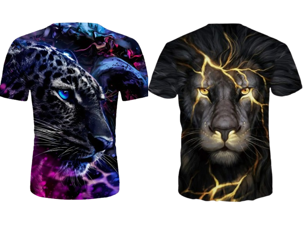 Combo of 2 Animal Face Round Neck 3D T-Shirts with Lightning Design | Combo | 2 T-Shirts | Animal Face | Round Neck | 3D Design | Lightning Design |