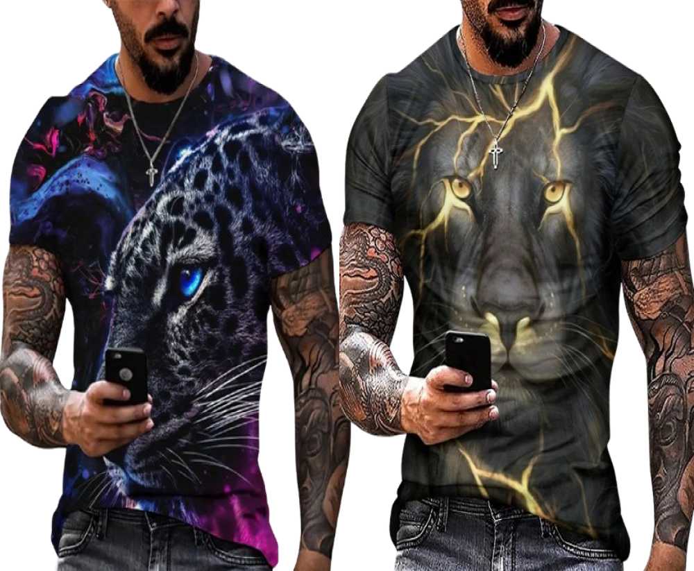 Combo of 2 Animal Face Round Neck 3D T-Shirts with Lightning Design | Combo | 2 T-Shirts | Animal Face | Round Neck | 3D Design | Lightning Design |