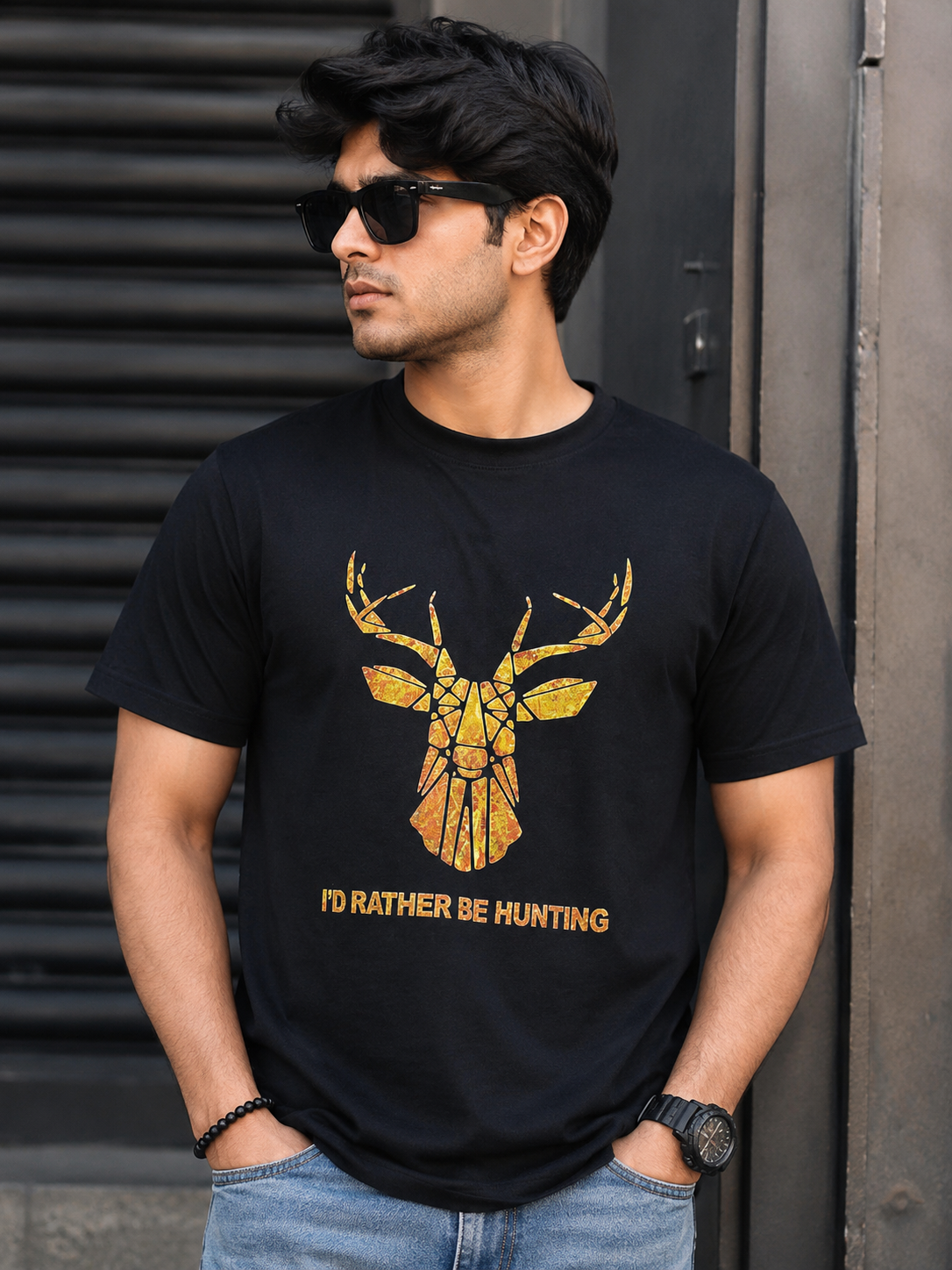 Men's Golden Deer Graphic Printed T-Shirt | Black Regular Fit PolyCotton Tee