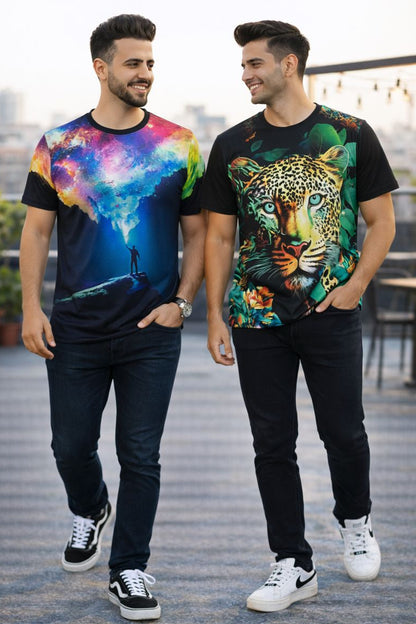PACK 2 Men's Printed T-Shirt | Trendy Graphic Print T-Shirts for Men ( Galaxy and Green)