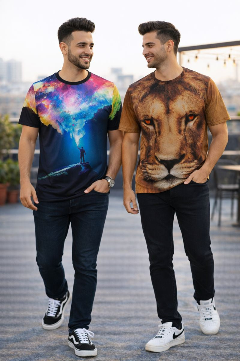 PACK 2 Men's Printed T-Shirt | Trendy Graphic Print T-Shirts for Men ( Galaxy and Gold Lion)