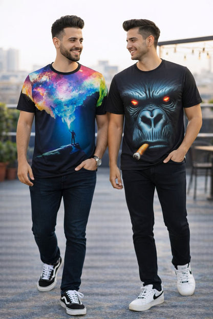 PACK 2 Men's Printed T-Shirt | Trendy Graphic Print T-Shirts for Men ( Galaxy - Gorila