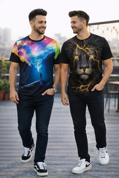 PACK 2 Men's Printed T-Shirt | Trendy Graphic Print T-Shirts for Men ( Galaxy - Lite Tiger