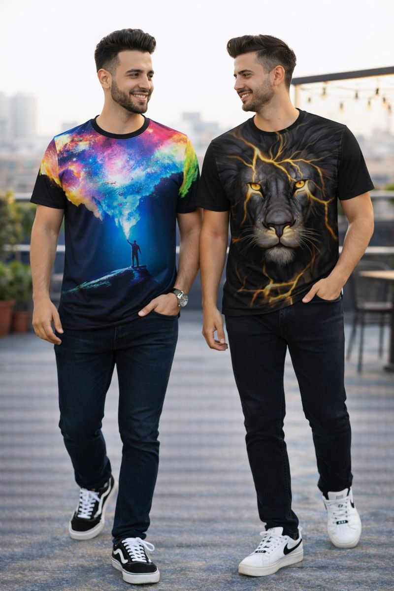 PACK 2 Men's Printed T-Shirt | Trendy Graphic Print T-Shirts for Men ( Galaxy - Lite Tiger