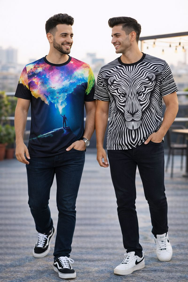 PACK 2 Men's Printed T-Shirt | Trendy Graphic Print T-Shirts for Men ( Galaxy - White Lion