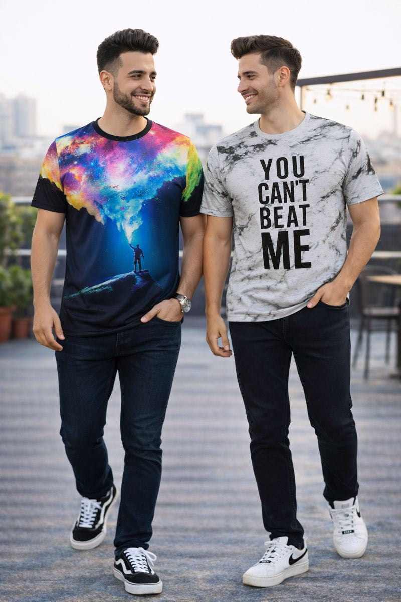 PACK 2 Men's Printed T-Shirt | Trendy Graphic Print T-Shirts for Men ( Galaxy -Grey