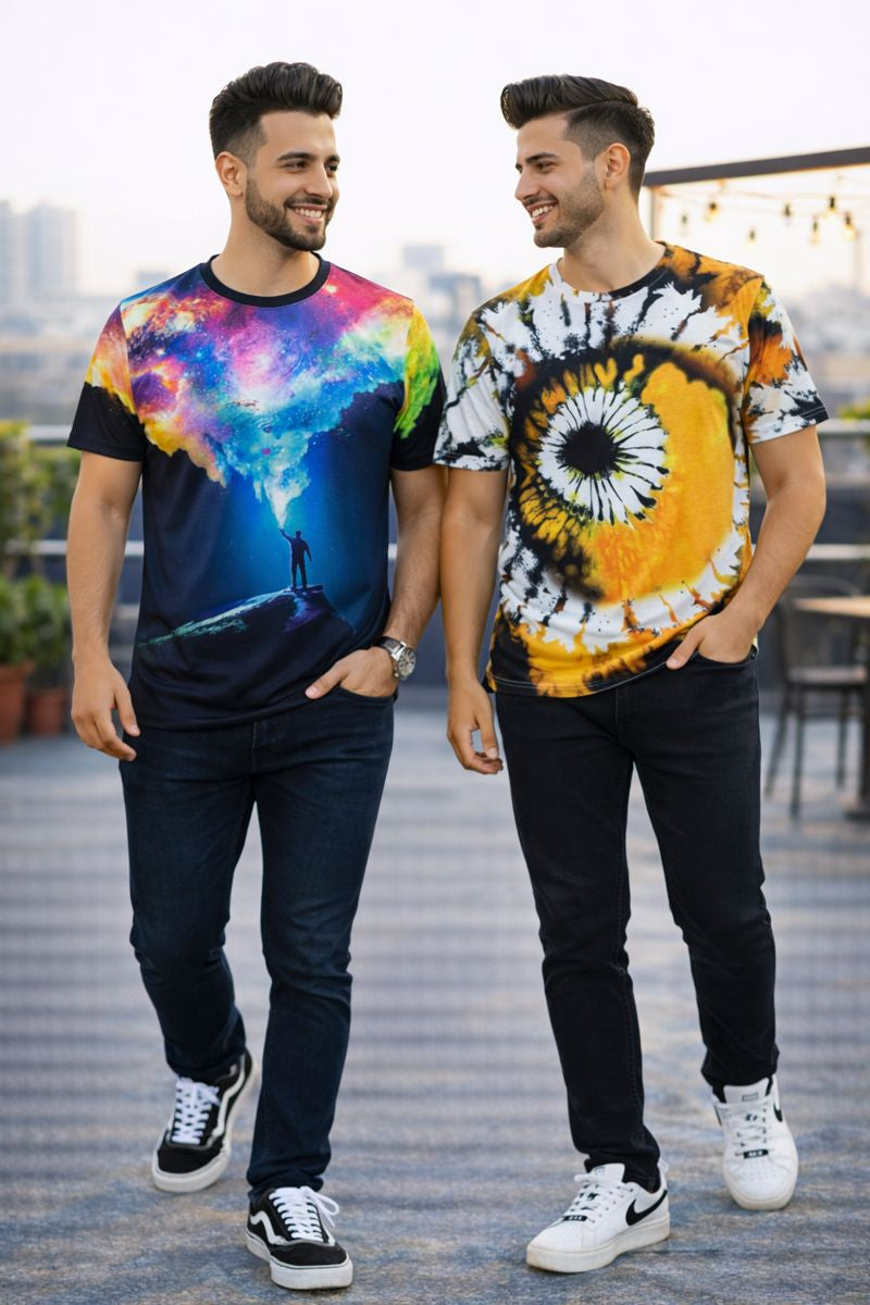 PACK 2 Men's Printed T-Shirt | Trendy Graphic Print T-Shirts for Men ( Galaxy -Yellow