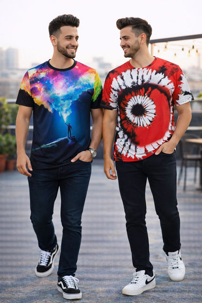 PACK 2 Men's Printed T-Shirt | Trendy Graphic Print T-Shirts for Men ( Galaxy -Red