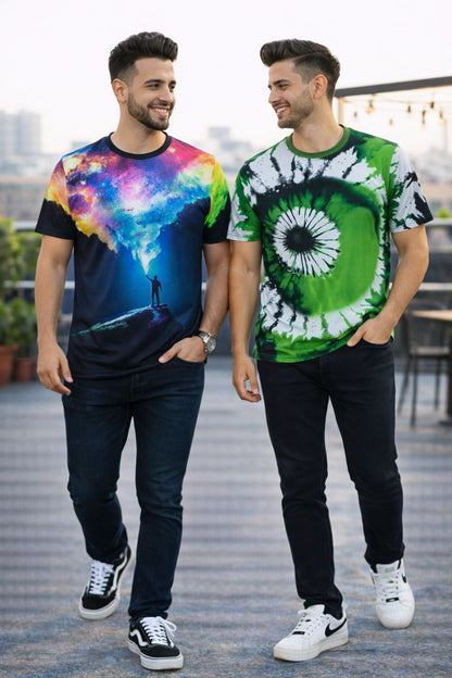 PACK 2 Men's Printed T-Shirt | Trendy Graphic Print T-Shirts for Men ( Galaxy -Green
