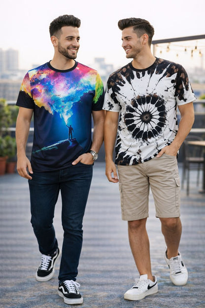 PACK 2 Men's Printed T-Shirt | Trendy Graphic Print T-Shirts for Men ( Galaxy -Brown