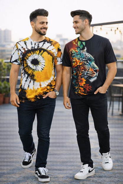 PACK 2 Men's Printed T-Shirt | Trendy Graphic Print T-Shirts for Men ( Yellow flowe Tiger )